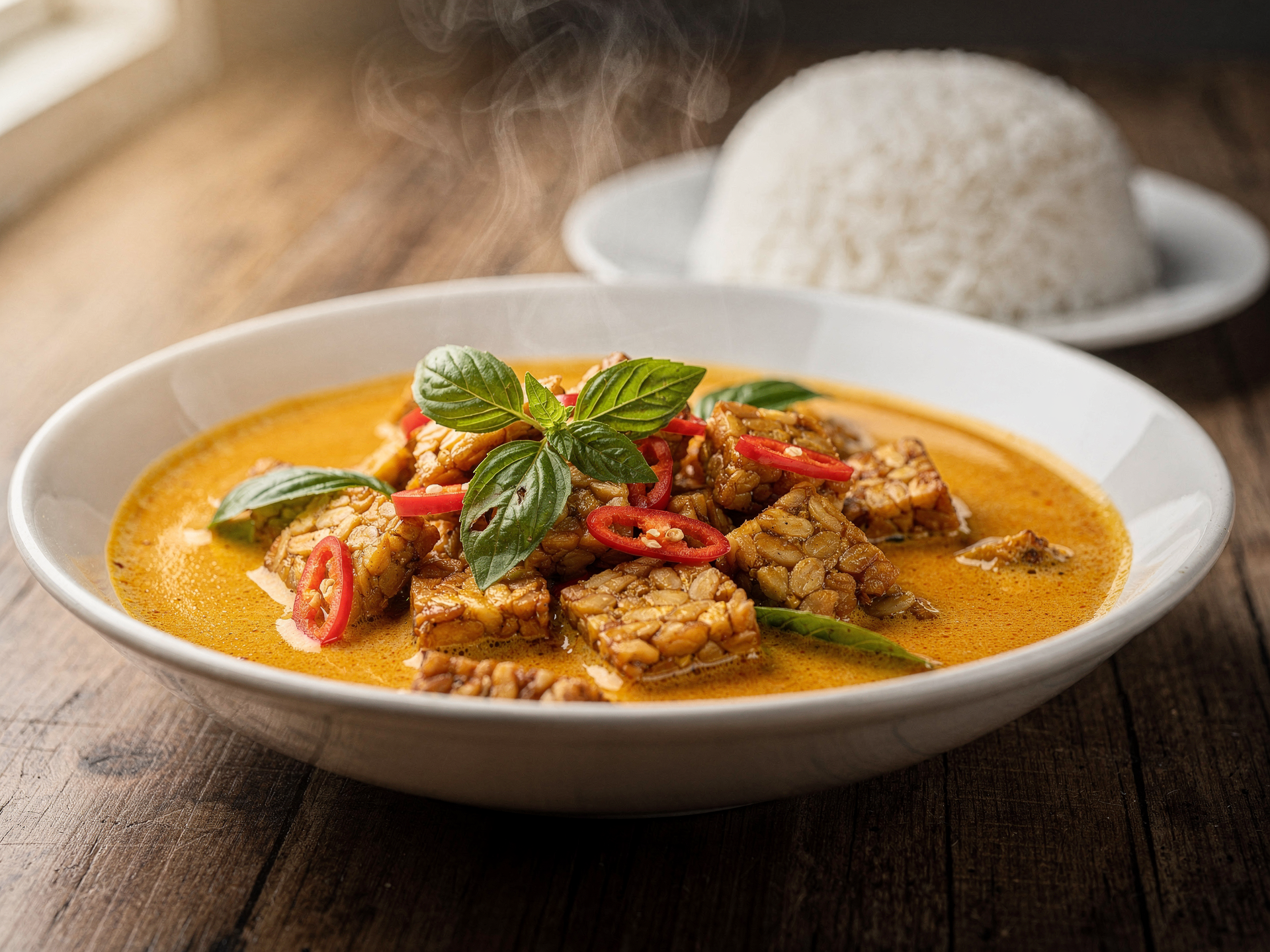 Tempeh-Curry mit Kokosmilch und knusprigem Tempeh