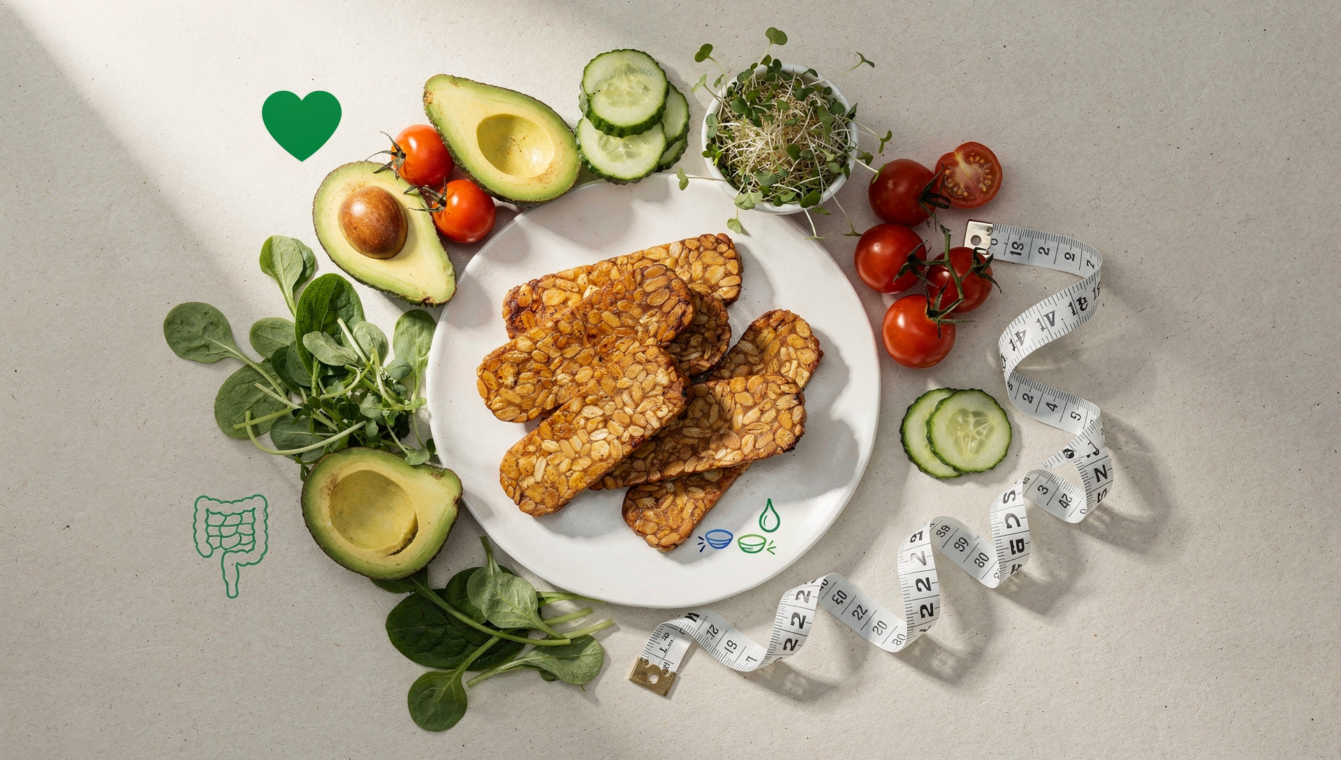 Tempeh mit frischem Gemüse und Gesundheits-Konzept