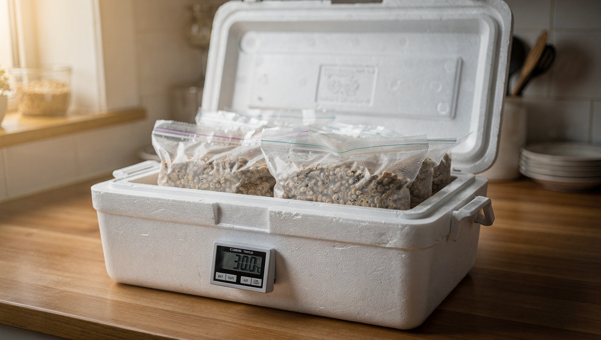 DIY Tempeh Inkubator aus Styroporbox mit Thermometer in Küche