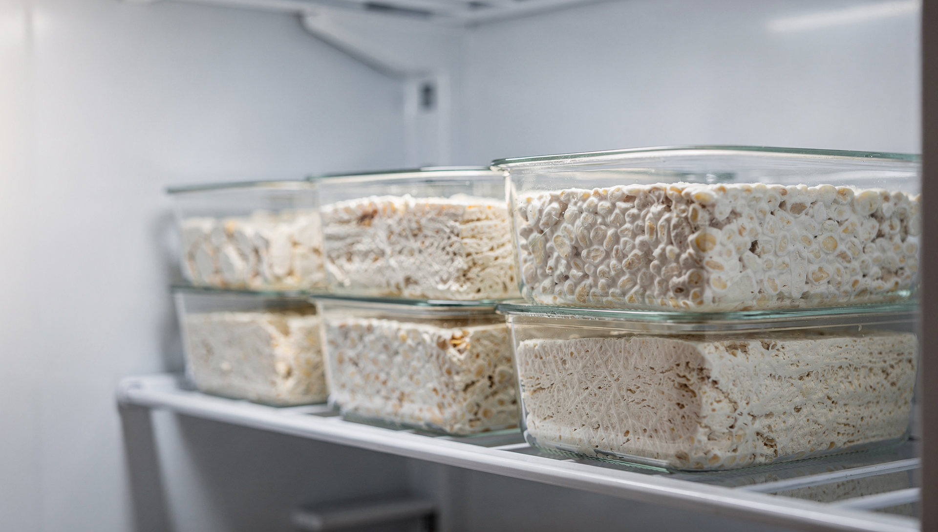 Tempeh Blöcke in Glascontainern im Kühlschrank gelagert