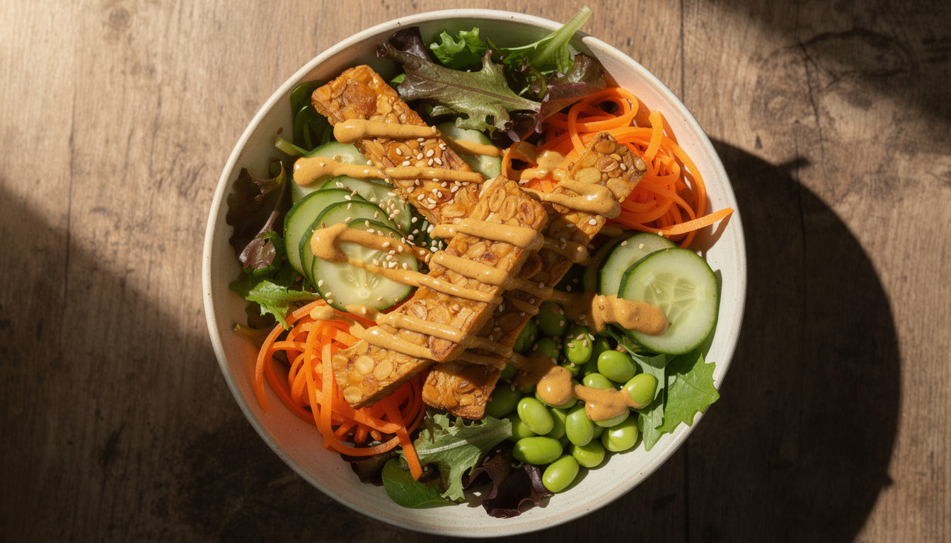 Tempeh-Salat mit Erdnuss-Dressing