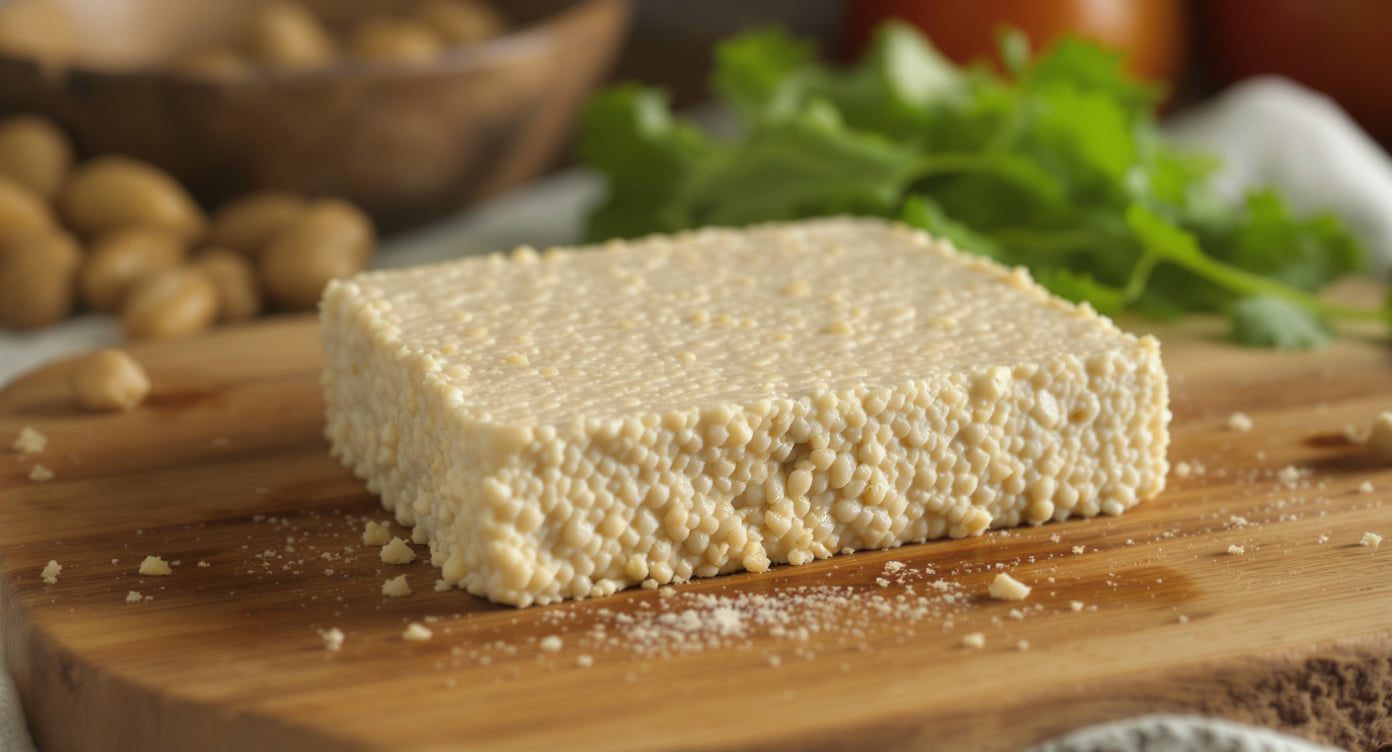 Frisch zubereiteter Tempeh auf rustikalem Holzbrett mit sichtbarem weißen Myzel