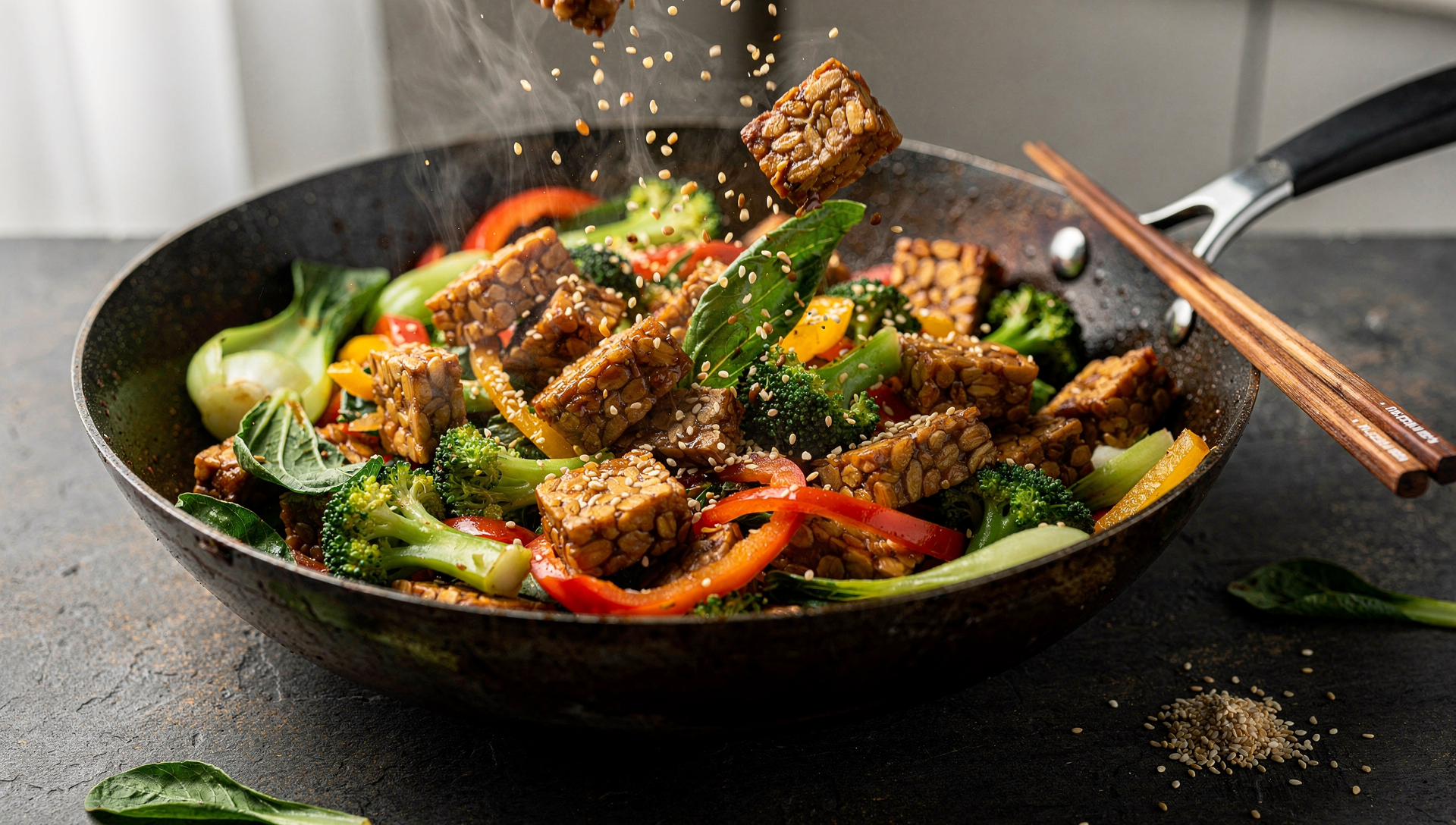 Tempeh Stir-Fry mit Gemüse im Wok