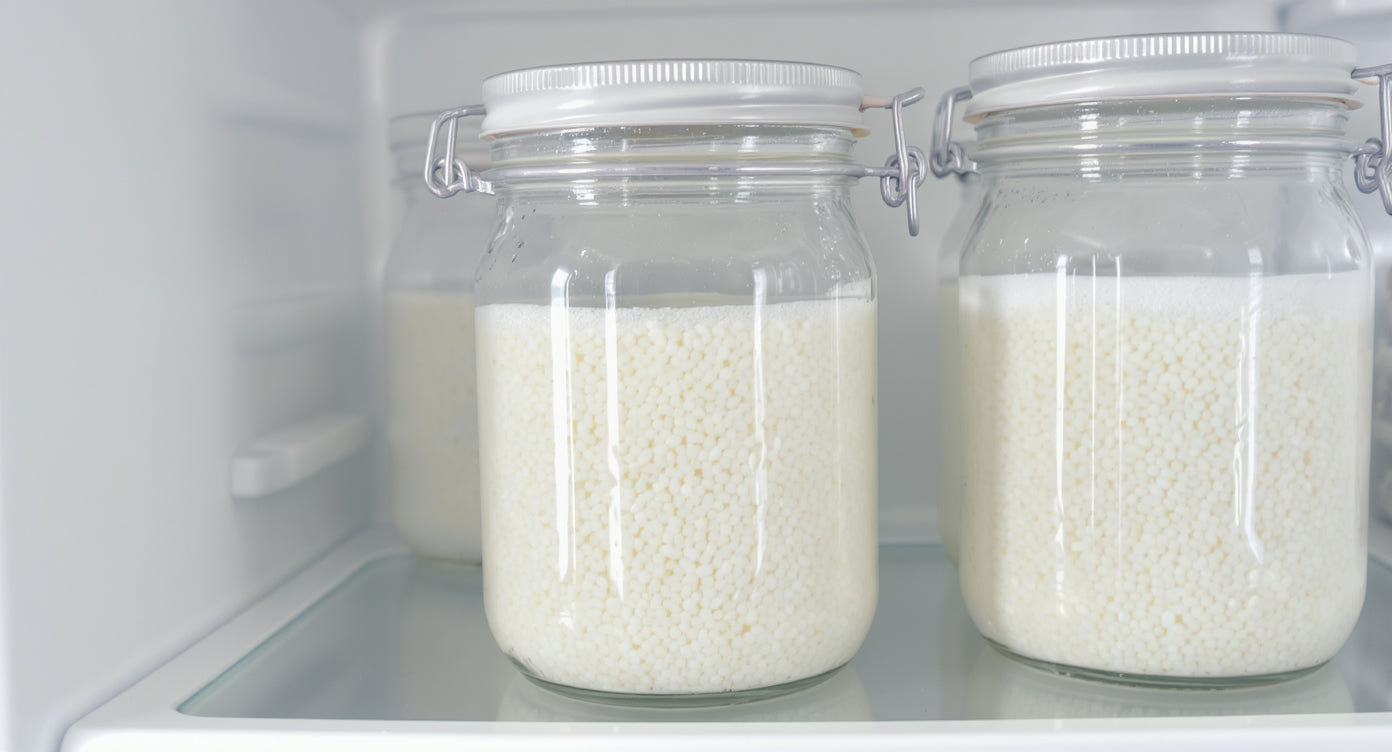 Wasserkefir Kristalle im Glas zur Aufbewahrung im Kühlschrank