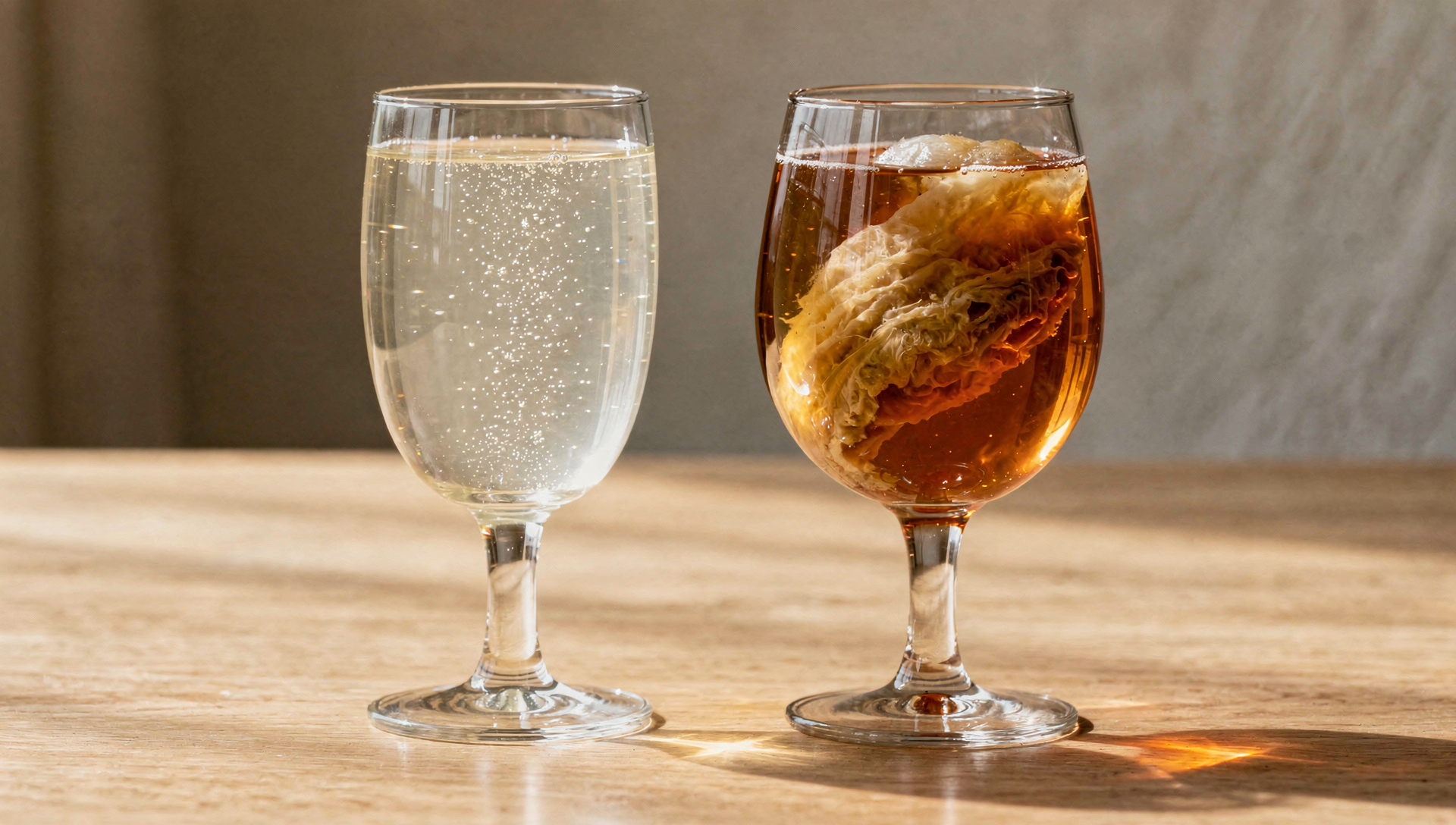 Wasserkefir vs Kombucha Vergleich - zwei fermentierte Getränke im Glas nebeneinander