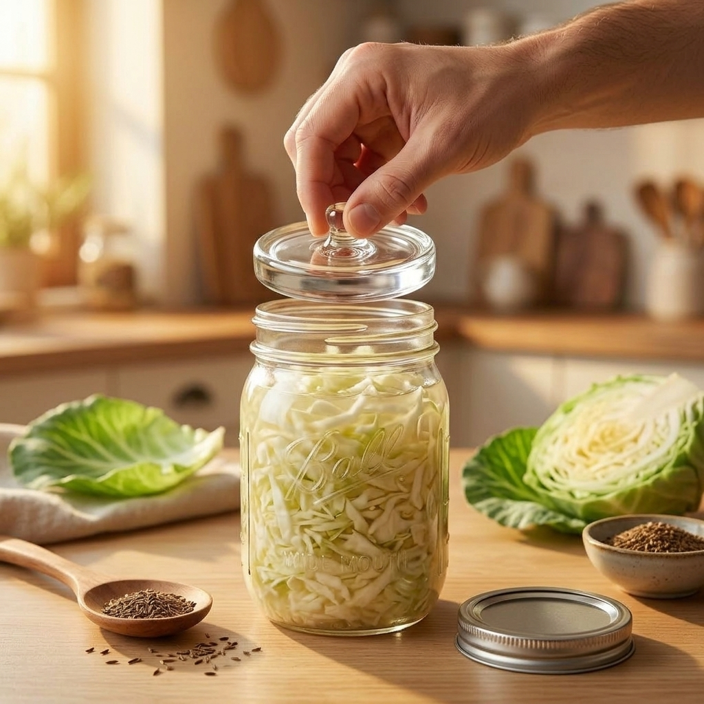 Anaerobes Fermentationsglas - Action Shot, Hand legt Glas-Gewicht ein