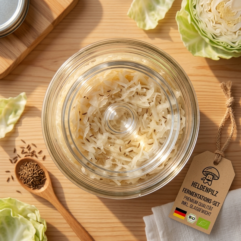 Anaerobes Fermentationsglas - Top Down View Sauerkraut mit Glas-Gewicht