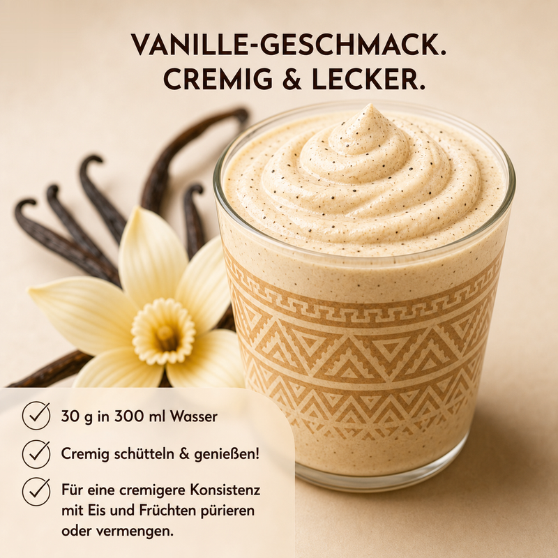 Zubereiteter Shake mit HeldenPilz All-in-One Plant Protein Vanilla, dazu Vanille und Früchte