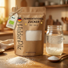 BIO Fermentations-Zucker im braunen Doypack mit Bio-Tag und Wasserkefir-Glas