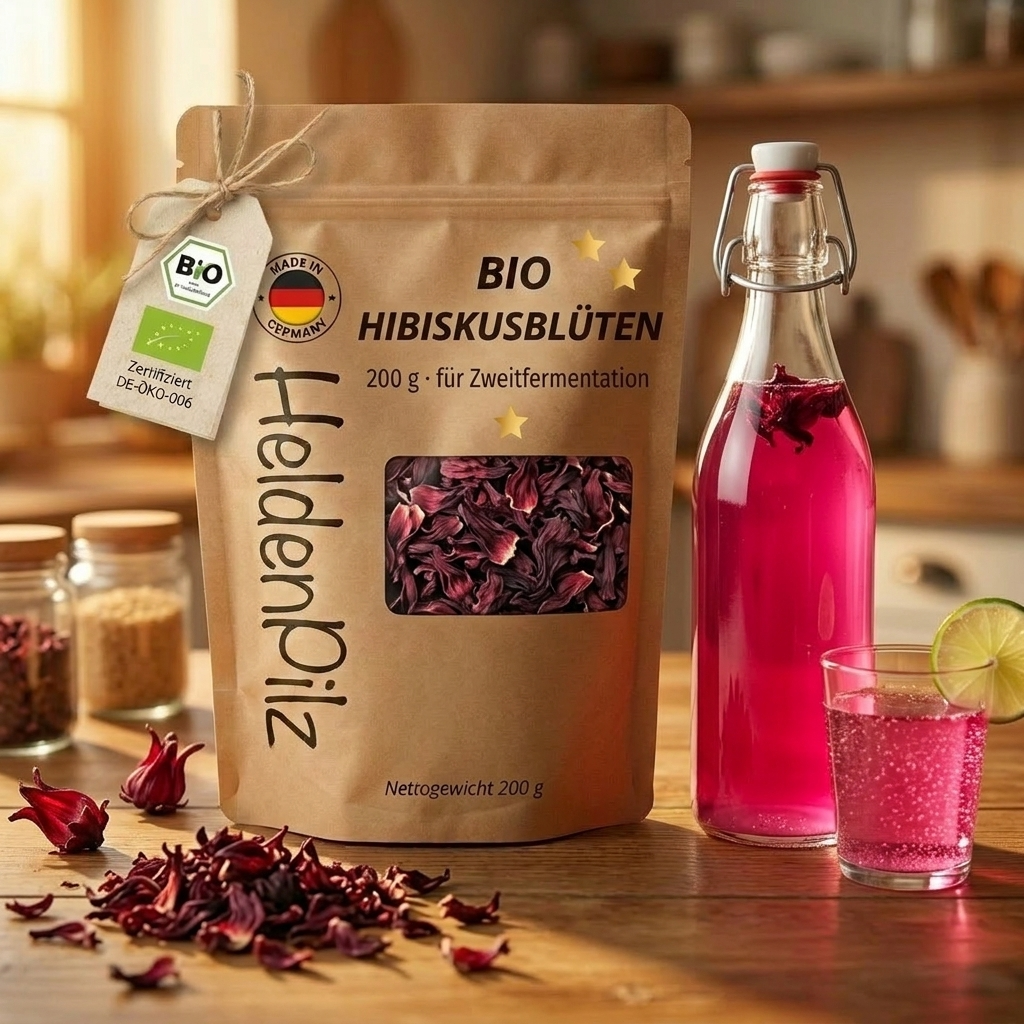 BIO Hibiskusblueten im braunen Doypack mit pinkem Wasserkefir und Limette