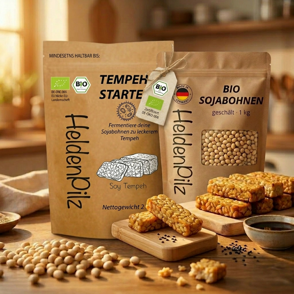 BIO Tempeh Komplett-Set: Tempeh-Starterkultur und BIO Sojabohnen mit frisch zubereitetem Tempeh