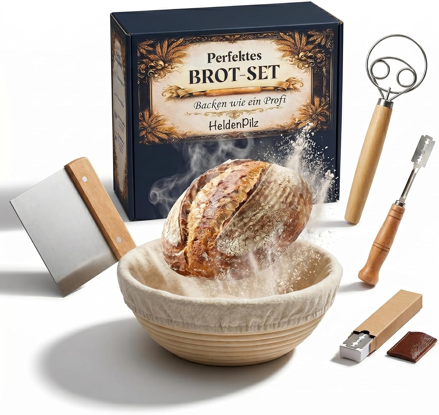 BIO Sauerteig Brotback-Set Perfektes Brot-Set mit Gärkorb, Teigkarte, Teigrührer, Bäckermesser und frisch gebackenem Sauerteigbrot