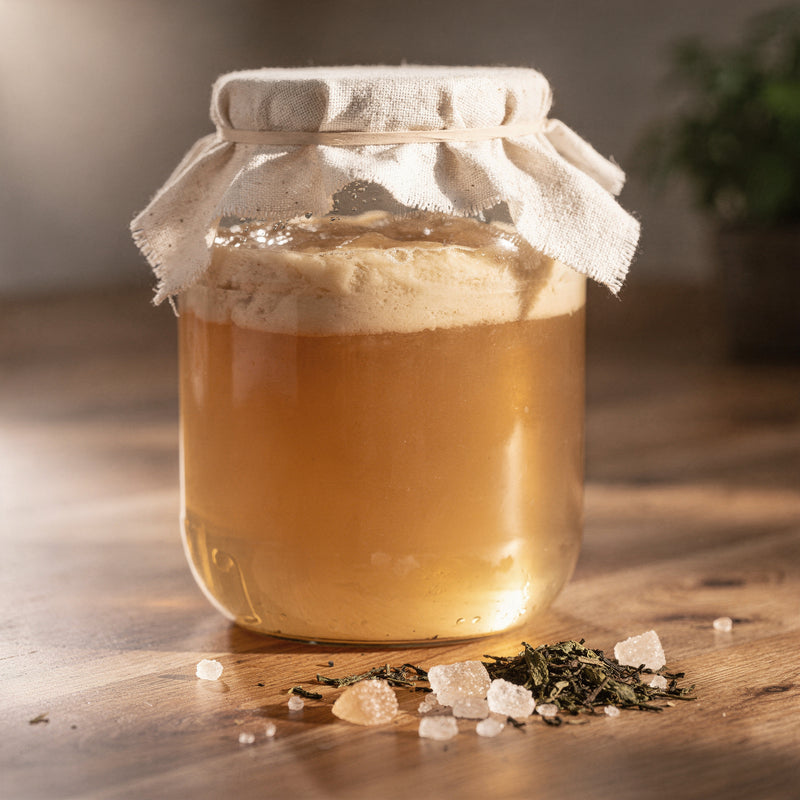 Fermentationsglas für Kombucha 2,6L mit SCOBY und Tee auf Holztisch - HeldenPilz