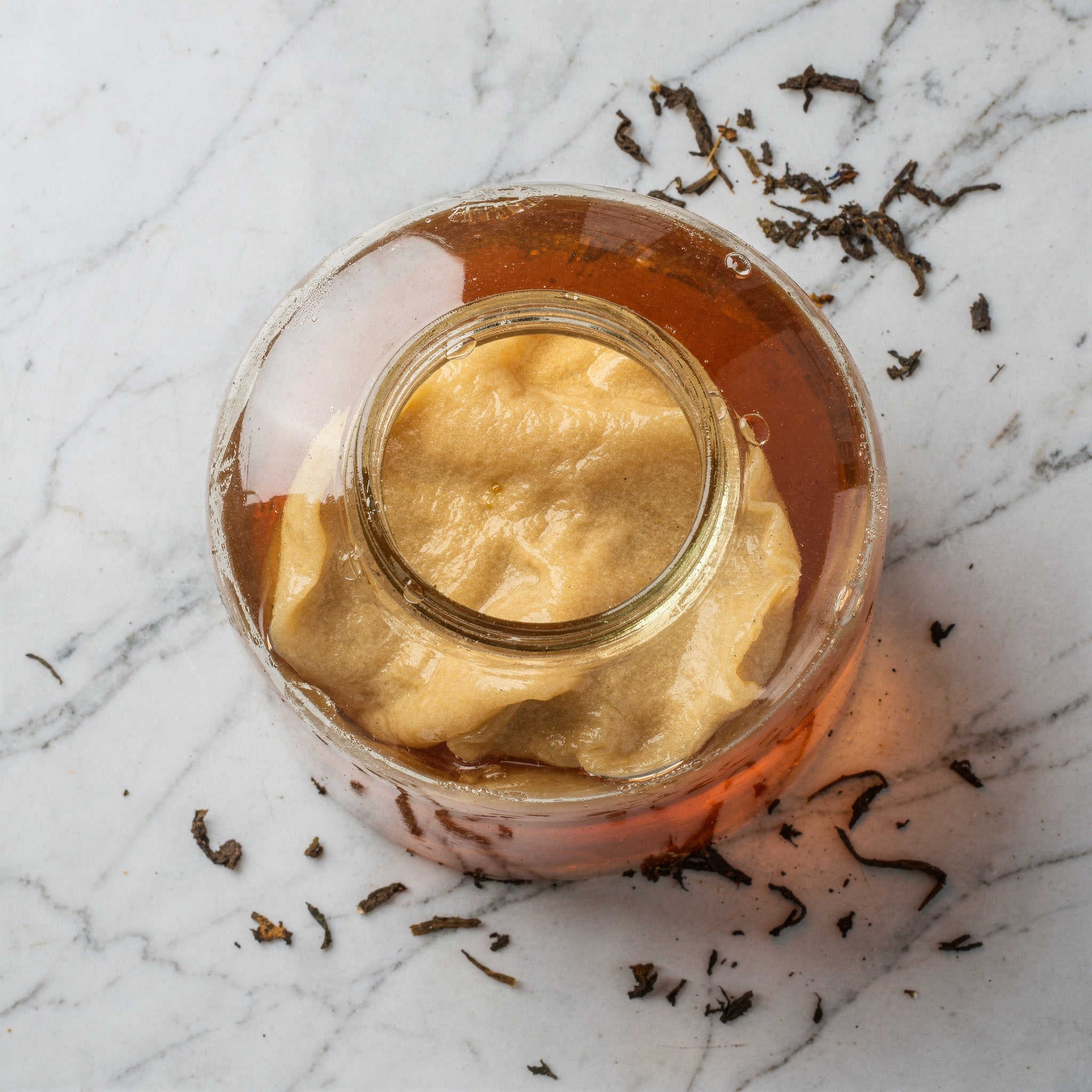 SCOBY von oben im Fermentationsglas - breite Öffnung für einfaches Arbeiten - HeldenPilz