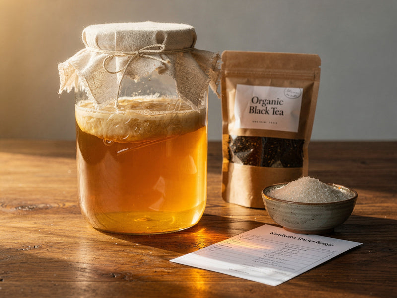 Fermentationsglas mit Kombucha neben Schwarztee und Zucker - alles für deinen Kombucha - HeldenPilz