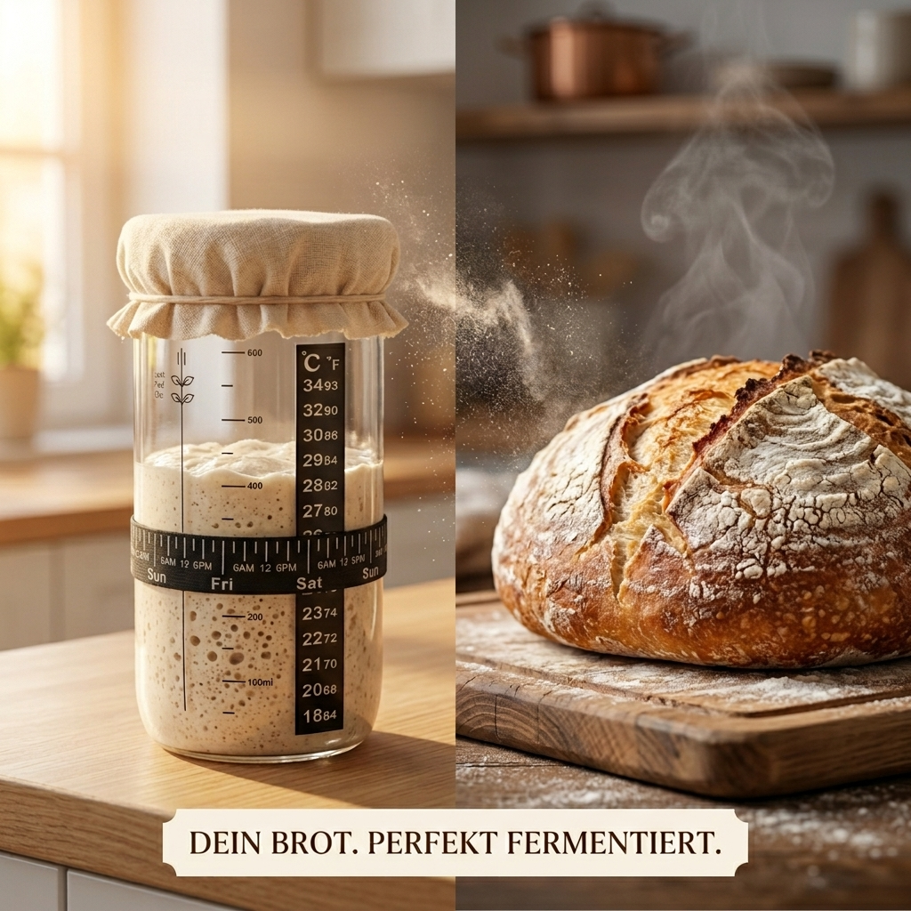 Gärglas mit aktivem Sauerteig-Starter und frischem Brot