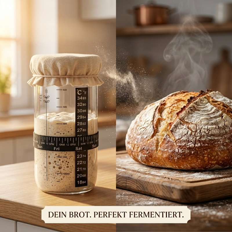 Gärglas mit aktivem Sauerteig-Starter und frischem Brot