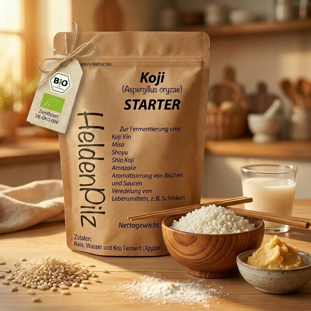 BIO Koji Sporen Aspergillus oryzae Starter im braunen Doypack mit Bio-Tag, Koji-Reis, Miso und Amazake