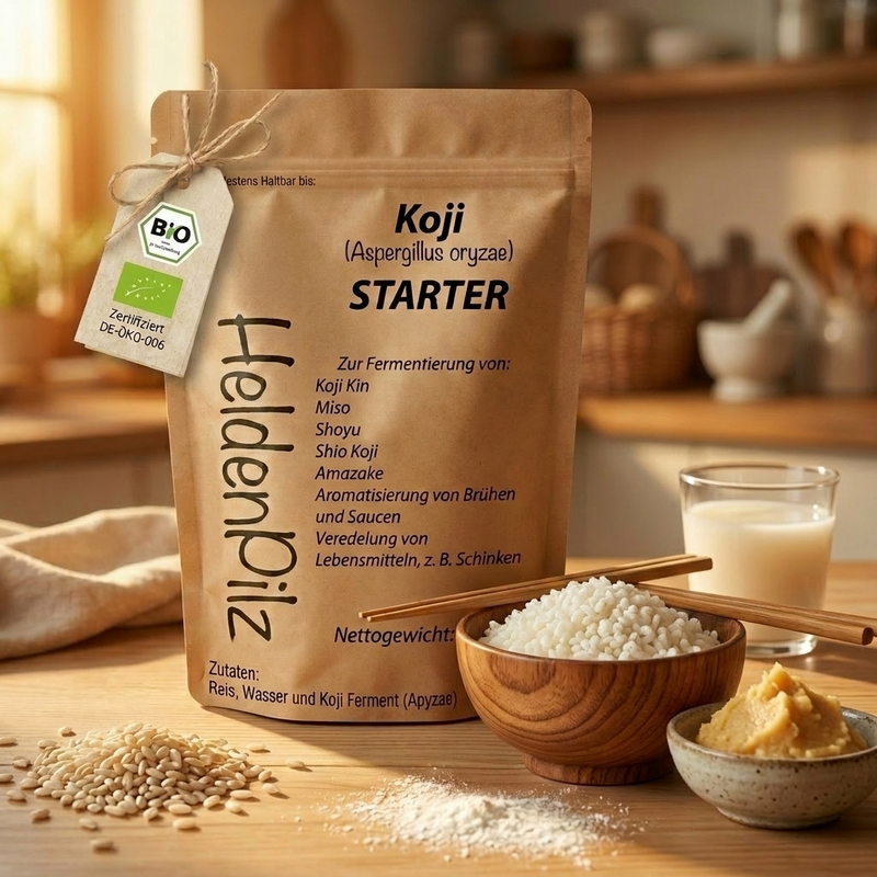 BIO Koji Sporen Aspergillus oryzae Starter im braunen Doypack mit Bio-Tag, Koji-Reis, Miso und Amazake