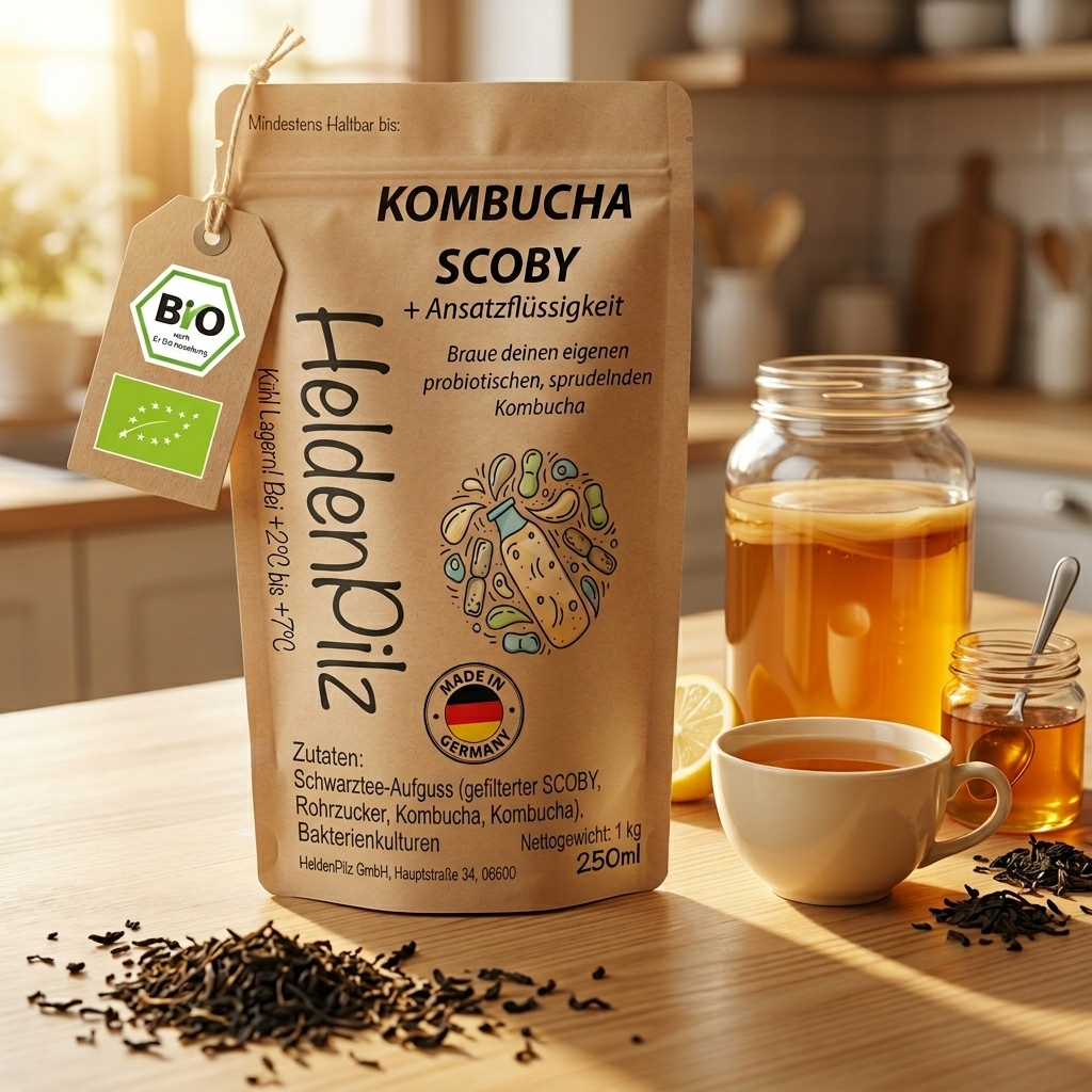 BIO Kombucha SCOBY und Ansatzfluessigkeit im braunen Doypack mit Bio-Tag, Glas amber Kombucha, Tasse und Honig
