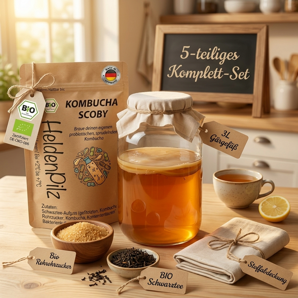 BIO Kombucha Starter-Set 5-teilig: SCOBY Doypack, 3L Gaergefaess, Stoffabdeckung, Bio Rohrohrzucker und BIO Schwarztee