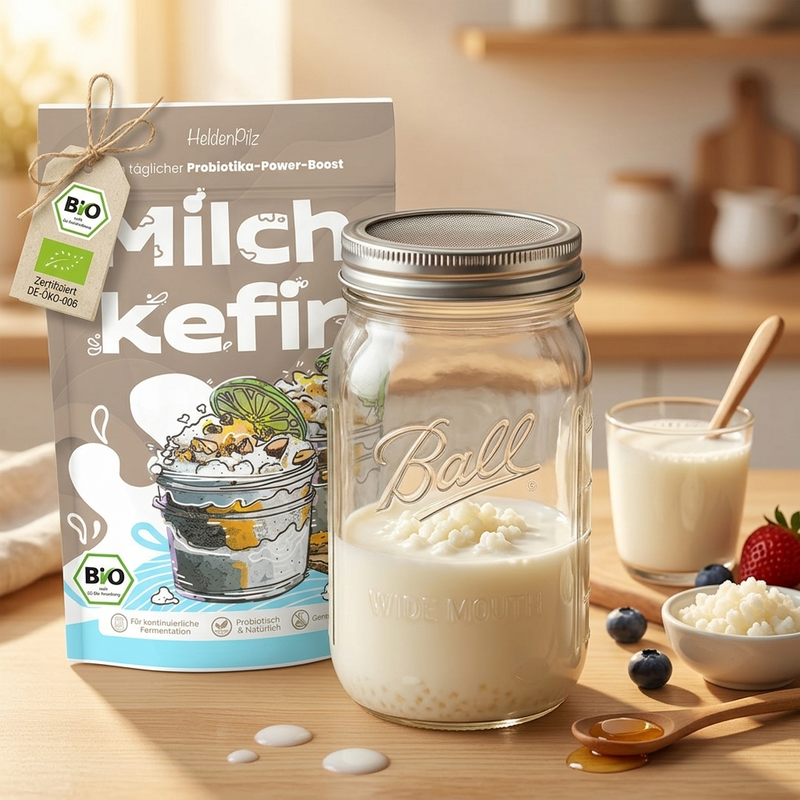 BIO Milchkefir Starter-Set — Glas mit Knollen und Komponenten