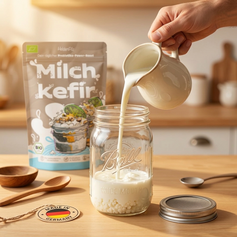 Frischer Milchkefir wird aus dem Fermentationsglas gegossen