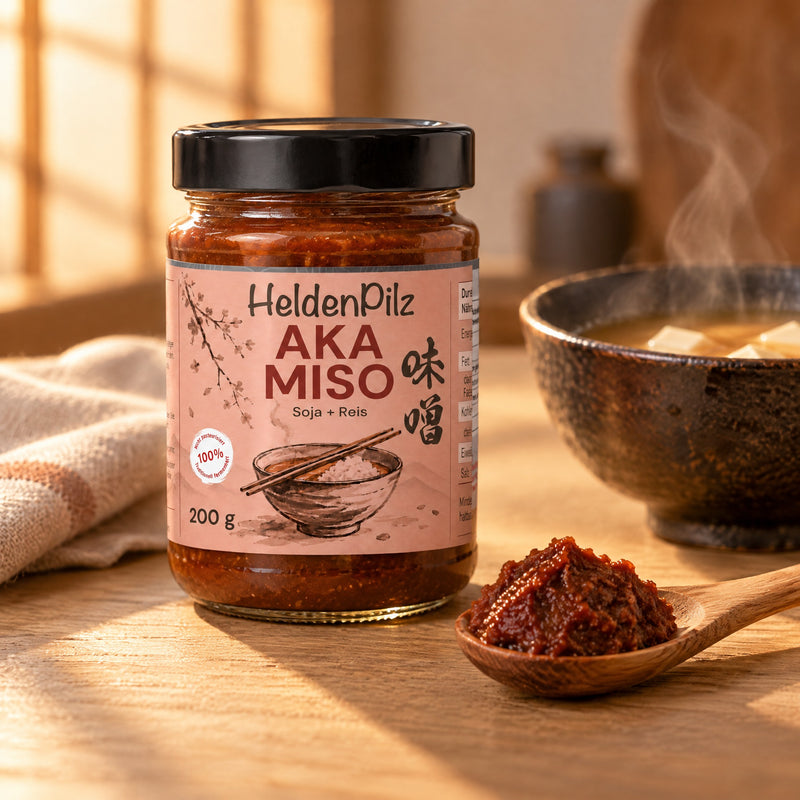 Aka Miso im Glas, 200 g, mit Holzlöffel und Misosuppe