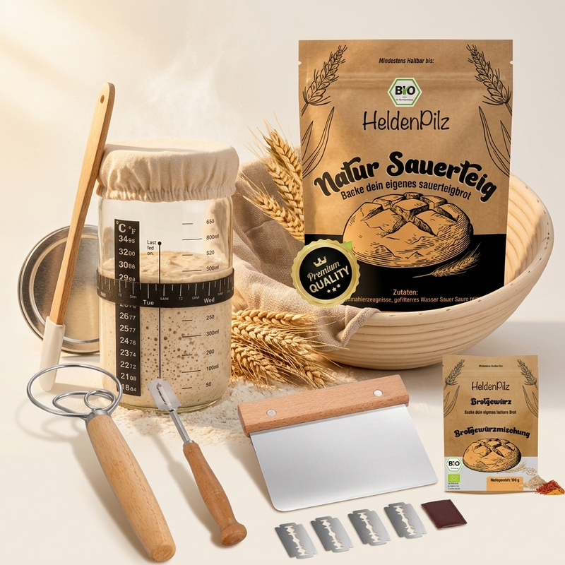 BIO Sauerteig Komplett-Set mit Gärglas, Natur Sauerteig Doypack, Gärkorb, Brotgewürz, Bäckermesser, Teigkarte und Schneebesen