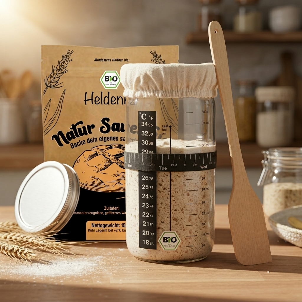 BIO Sauerteig Set mit Gärglas 600ml: Gärglas mit Sauerteig, Natur Sauerteig Doypack, Aluminium-Deckel, Spatel