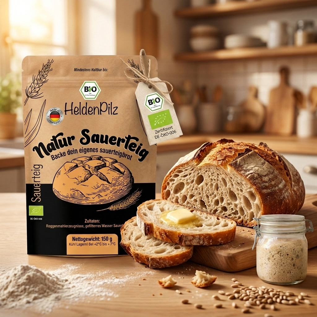 BIO Sauerteig Starter 150g im braunen Doypack mit Bio-Tag, frisch gebackenes Sauerteigbrot mit Butter und Sauerteig-Glas