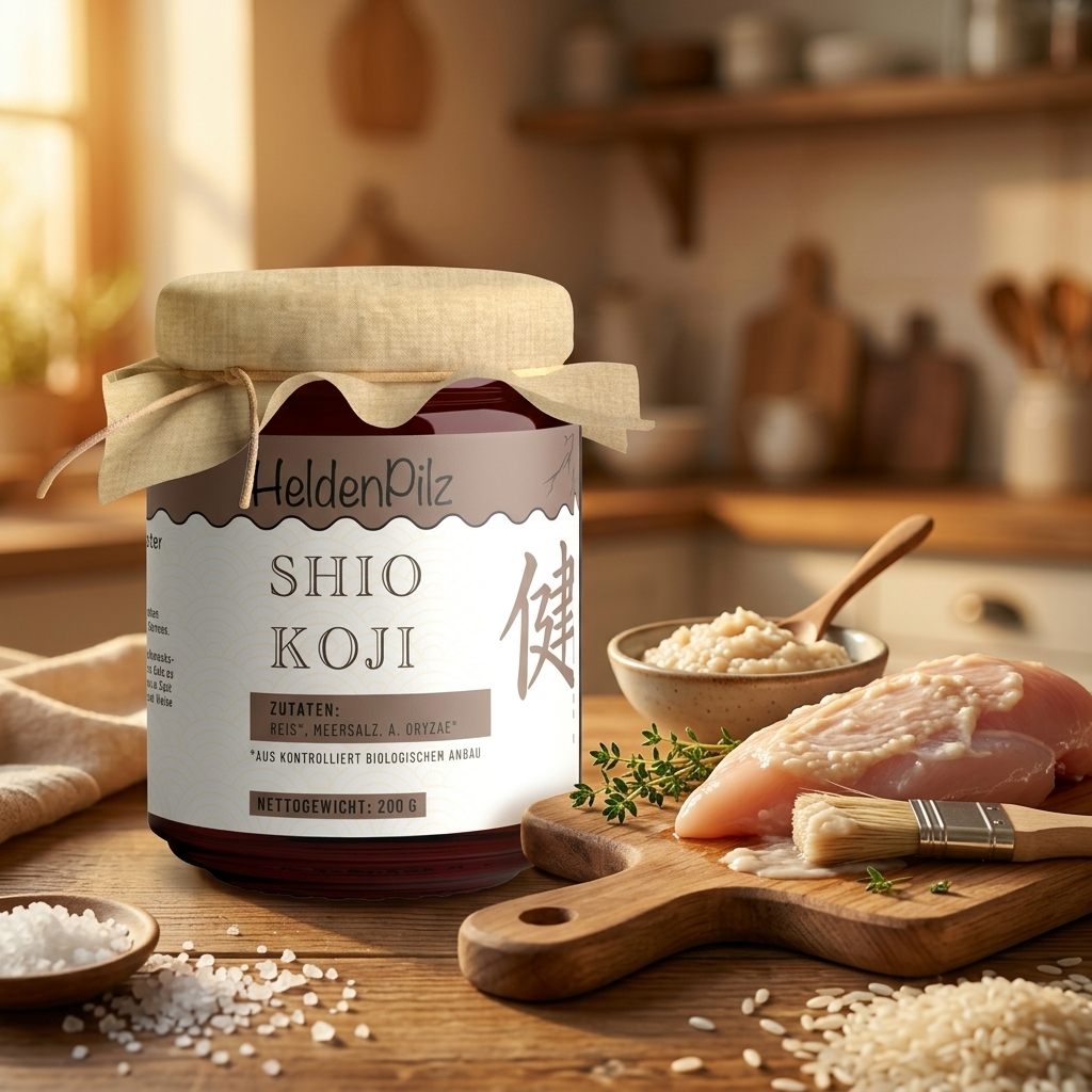 BIO Shio Koji Marinade im Glas mit Stoffabdeckung, mariniertem Fleisch und Holzbrett
