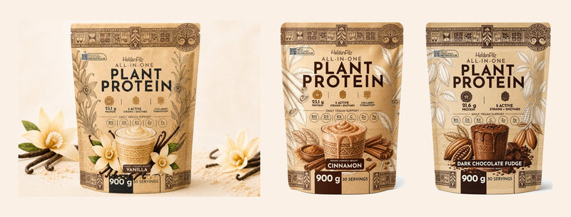 Die drei Sorten des HeldenPilz All-in-One Plant Protein nebeneinander