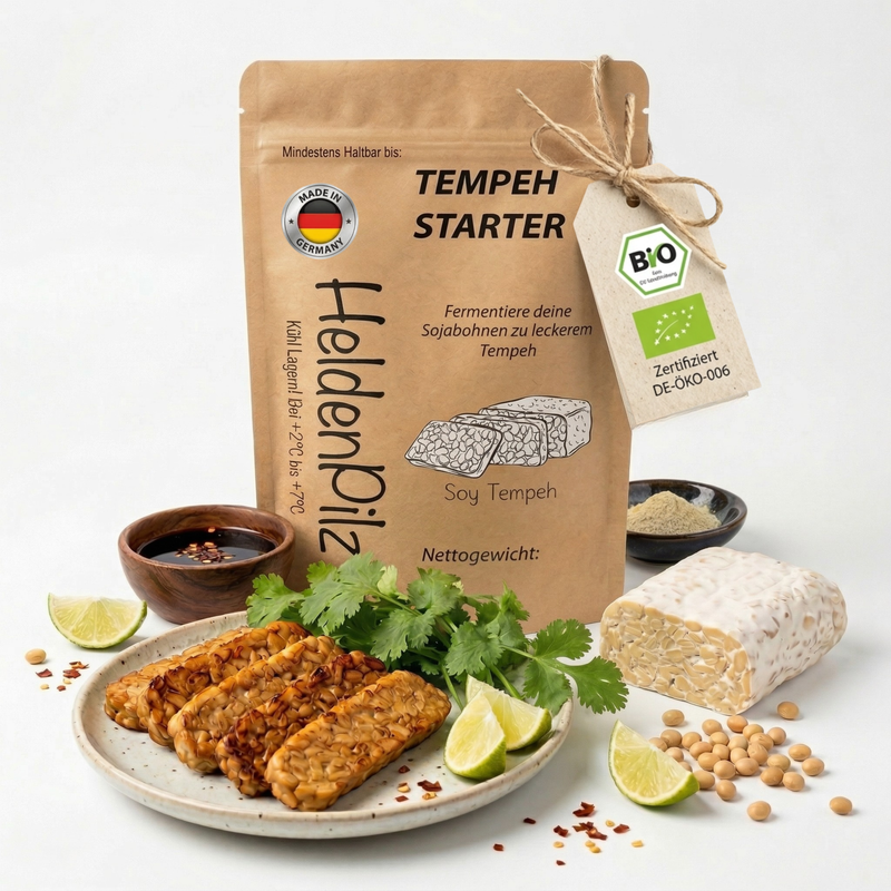 HeldenPilz BIO Tempeh Starter 15g - Verpackung mit Made in Germany Anhänger und Bio-Siegel