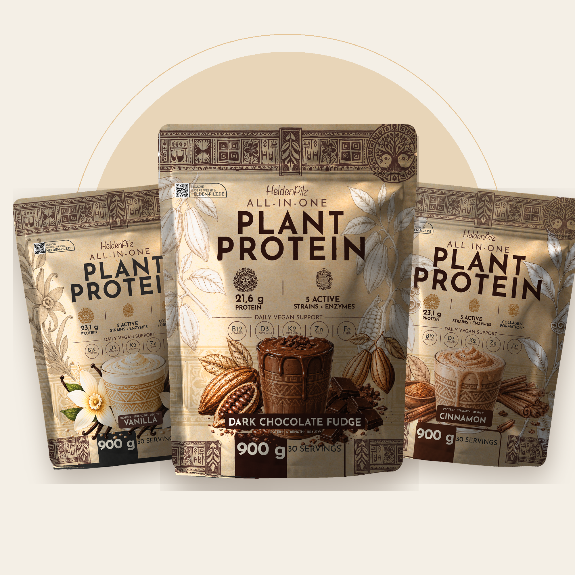 HeldenPilz All-in-One Plant Protein Sorten-Set: alle drei Sorten — Dark Chocolate Fudge, Vanilla, Cinnamon, je 900 g
