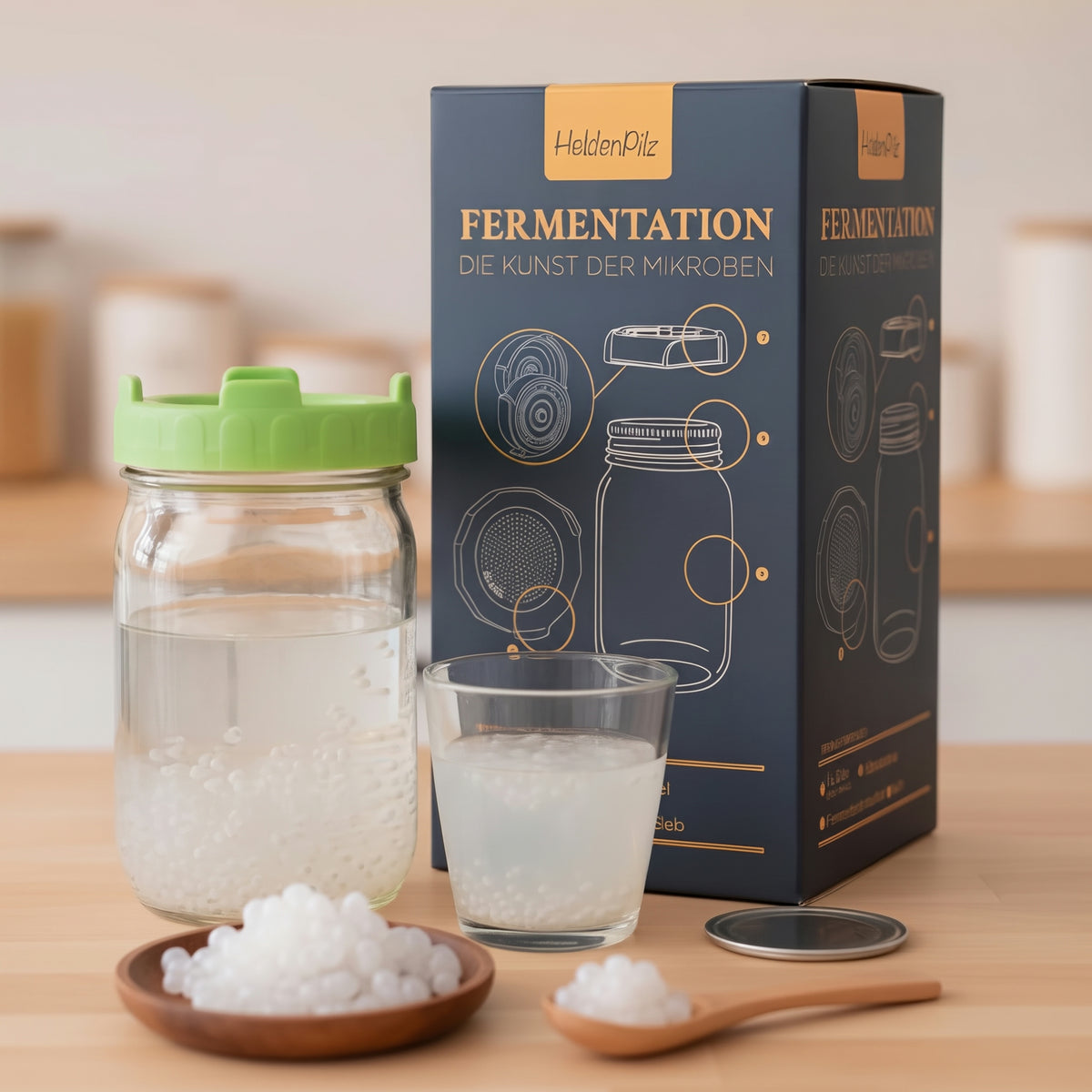 BIO Wasserkefir Starter-Set: Mason Glas mit grünem Aufschraubsieb, Wasserkefir-Kristalle und Fermentations-Box