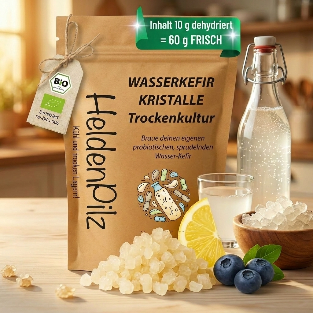 BIO Wasserkefir Kristalle getrocknet 10g im braunen Doypack mit Bio-Tag, Buegelglas, Glas und Beeren
